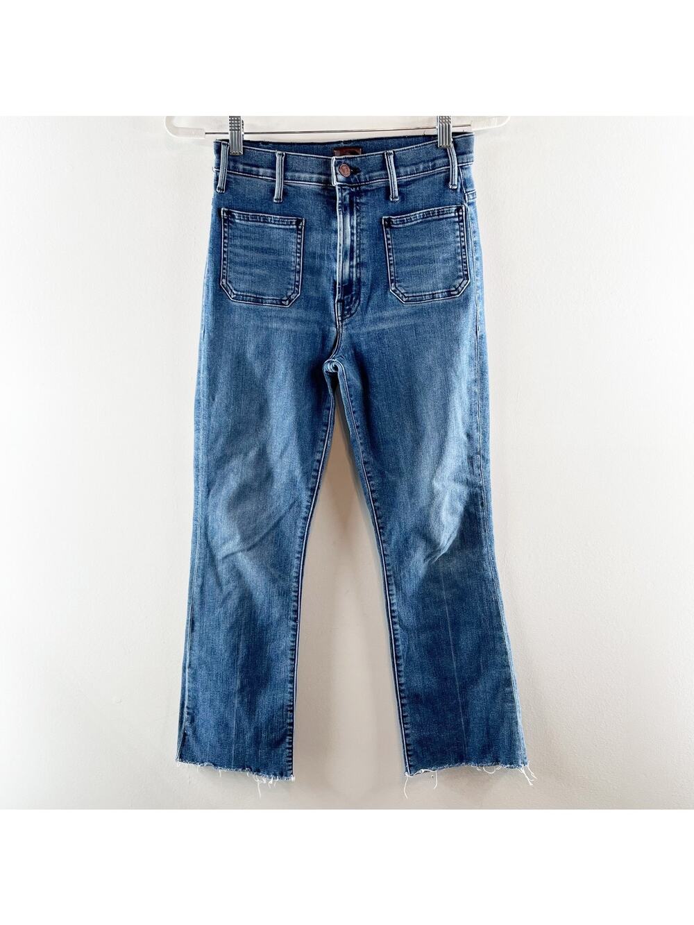 Mother Hustler Patch Pocket Ankle Fray Hem Flare Jeans Out for The Evening 27
